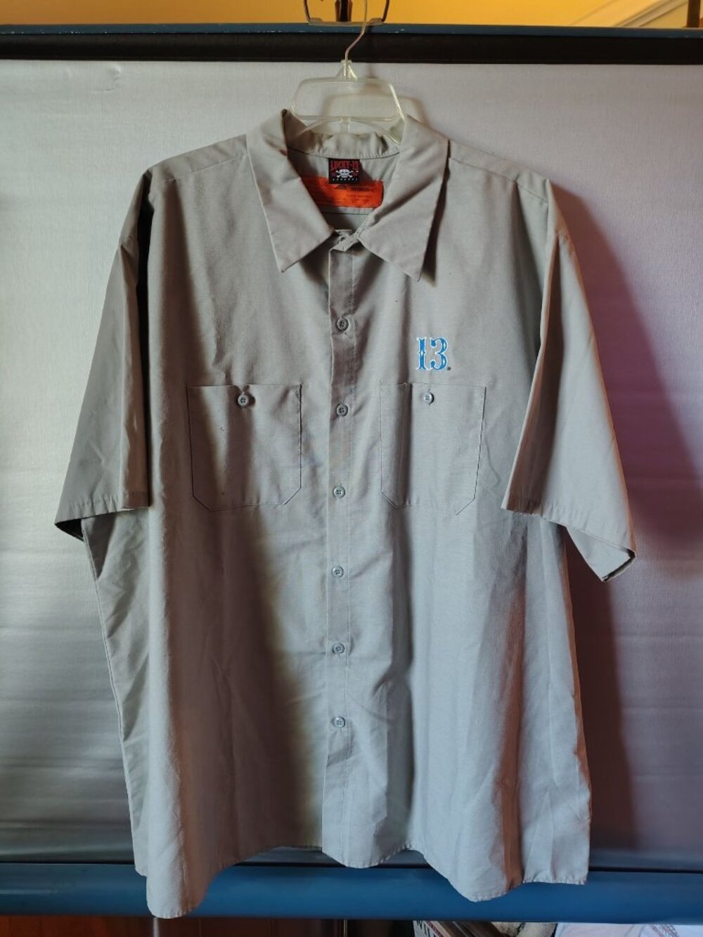 Lucky 13 Mens Button-Up Work Shirt Skull Racing Graphic 3XL Poly/Cotton Blend